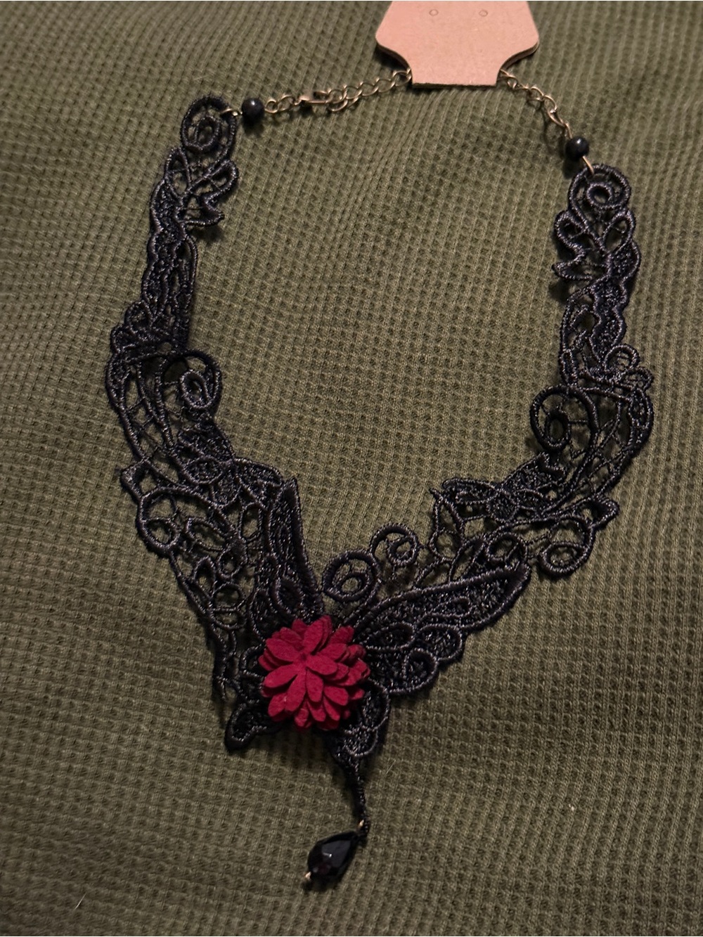 Goth Black Lace Choker Necklace with Red Flower Accent